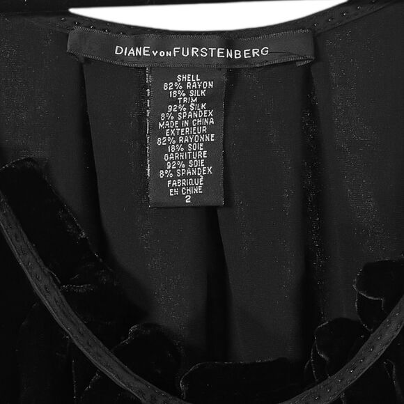 DVF Diane Von Furstenberg Elicia Black Velvet Silk Blend Lace Fringe Hem Dress 2 - Picture 4 of 9